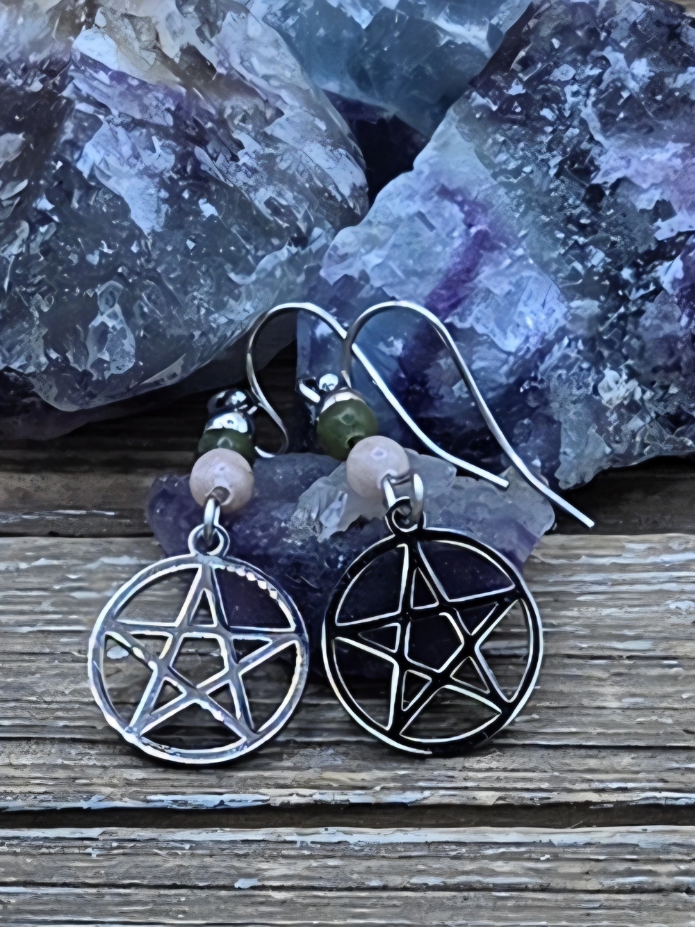 Green Jade, Plum Blossom Jasper and Stainless Steel Pentagram Earrings